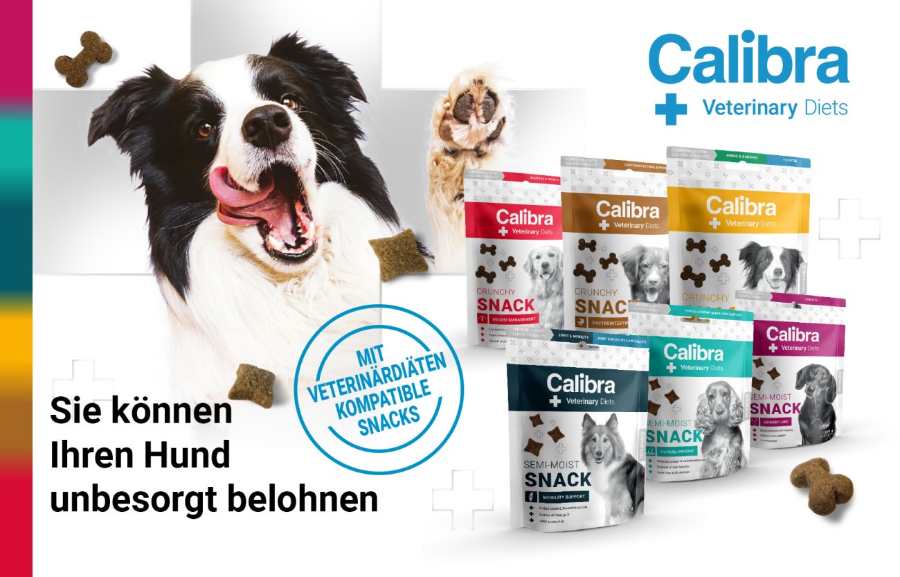 Bild eines Hundes und 6 Sorten Calibra VD Snack und Text: Sie können Ihren Hund unbesorgt belohnen